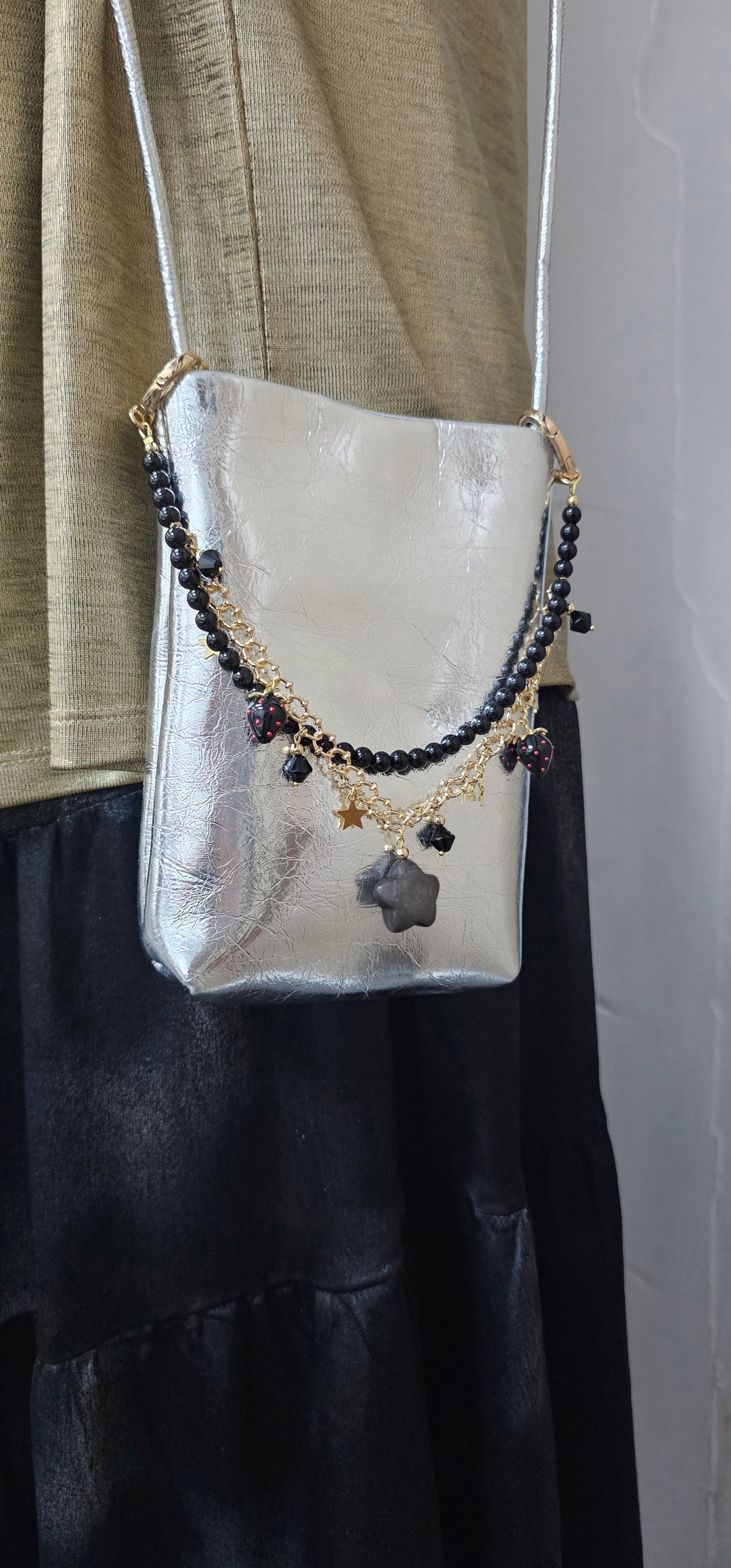 Black Obsidian Star With Strawberry Double Layers Bag Charm BC011