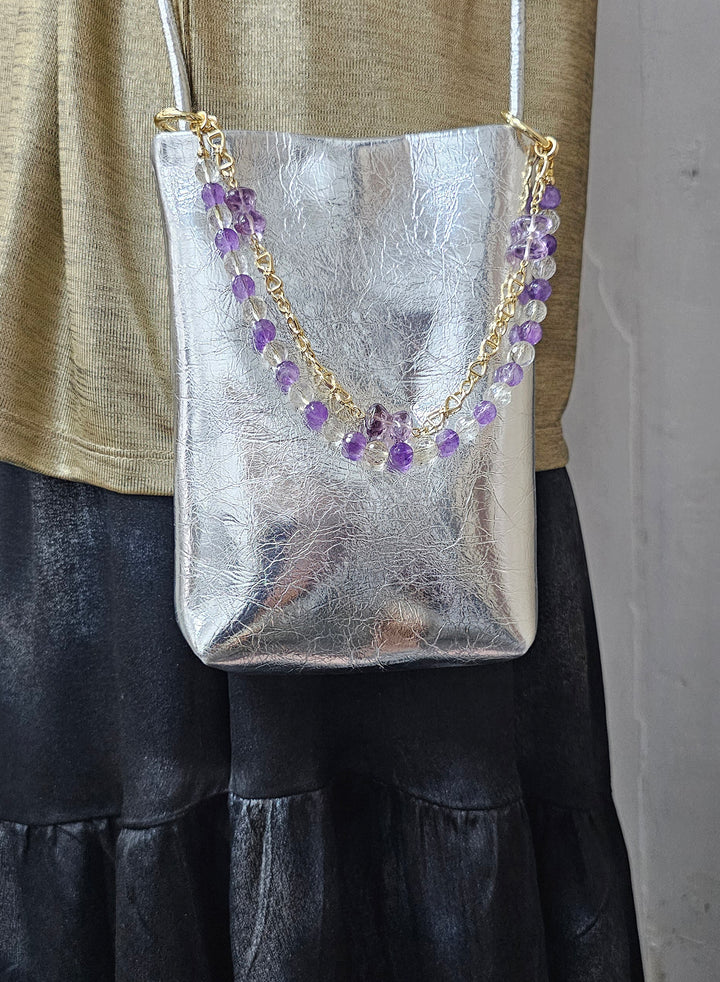 Amethyst And White Quartz With Bowknot Amethyst Double Layers Bag Charm BC010