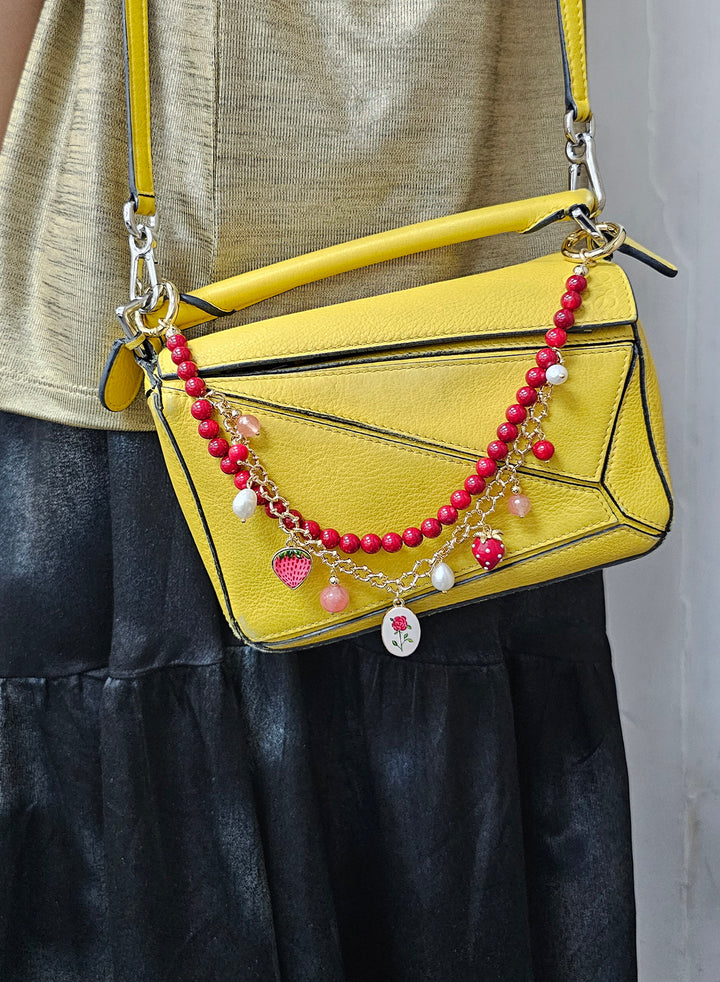 Red Bamboo Coral With Strawberry and Rose Double Layers Chain Bag Charm BC009