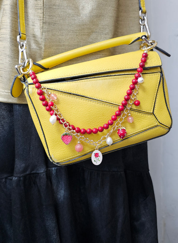 Red Bamboo Coral With Strawberry and Rose Double Layers Chain Bag Charm BC009