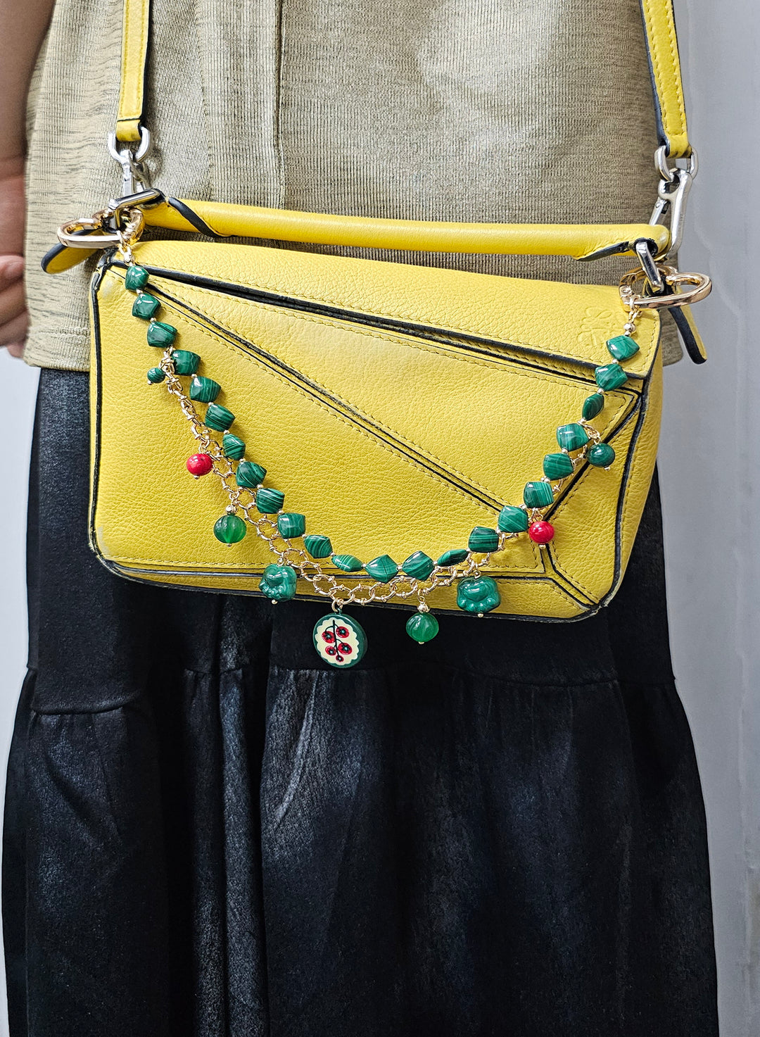Malachite With Cat Paw Double Layers Bag Charm BC008