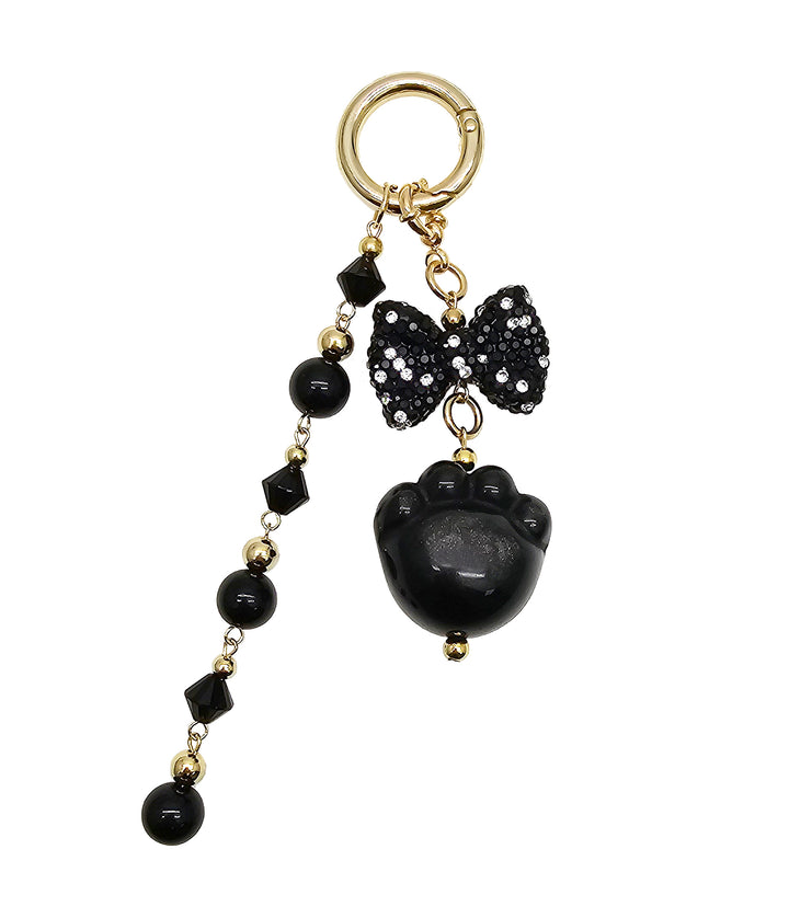 Black Obsidian Cat Paw With Bowknot And Tassel Bag Charm BC015