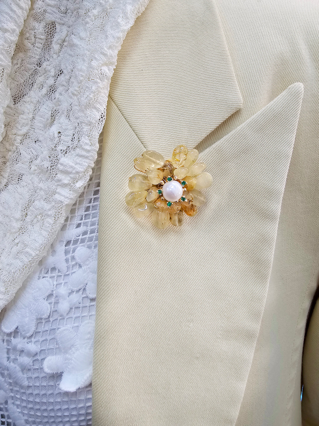 Prosperity Citrine Beads Flower Brooch LP005