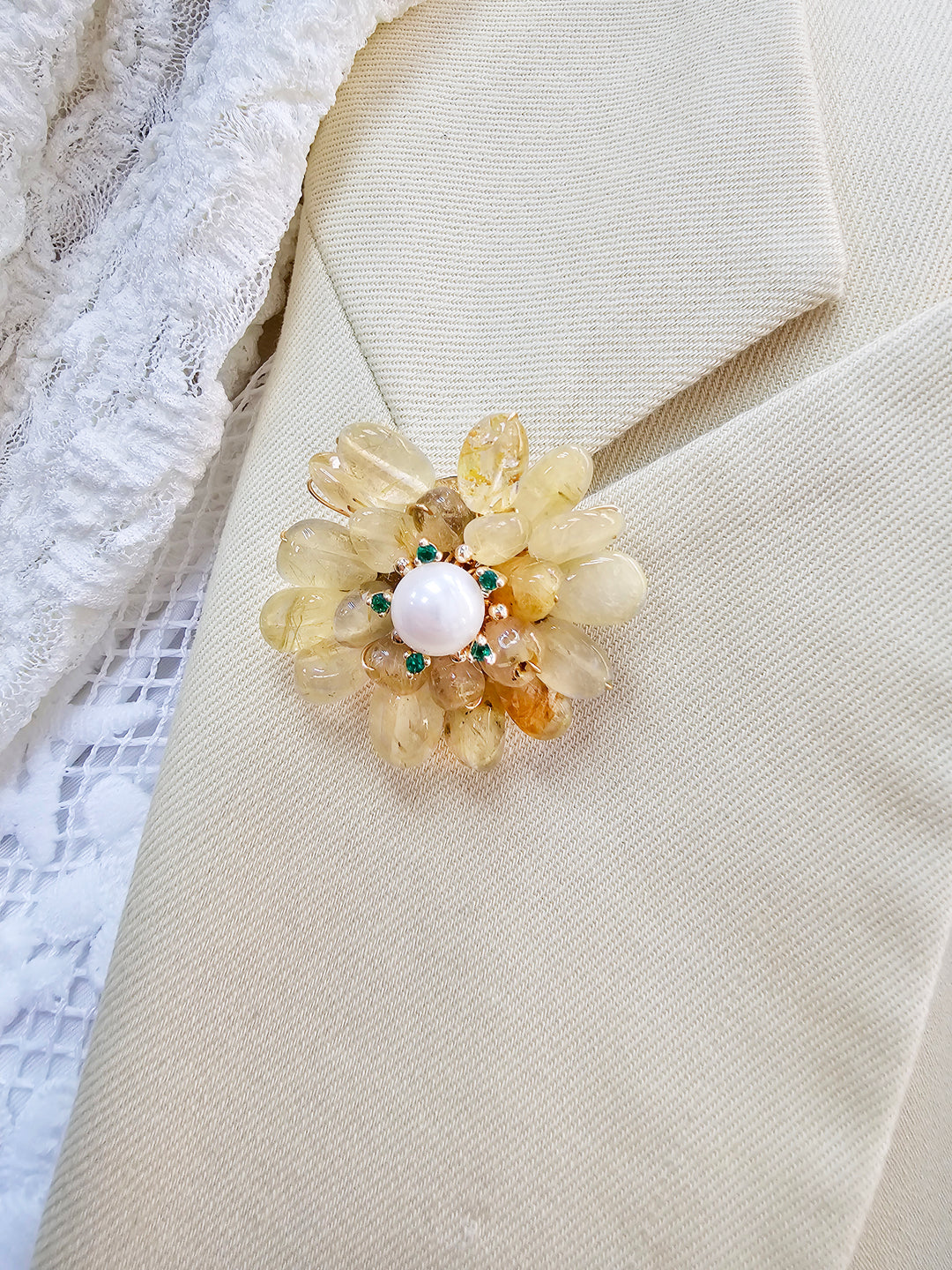 Prosperity Citrine Beads Flower Brooch LP005