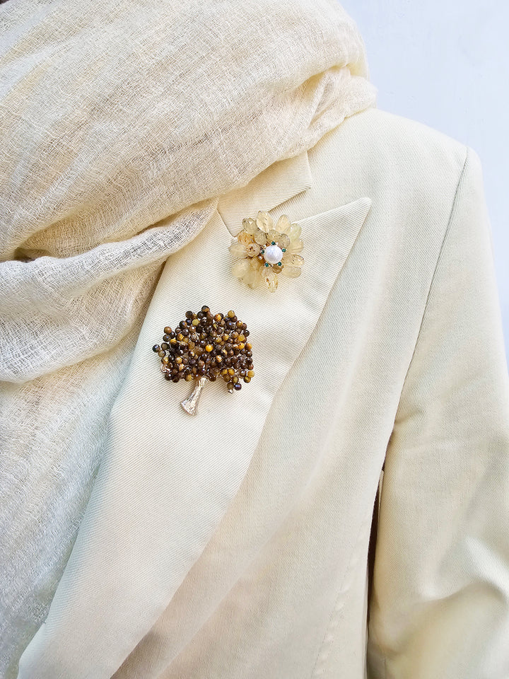 Handcrafted Tree Shape Tiger-eye Stone Brooch QP002