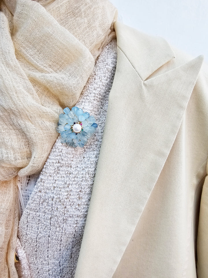 Handcrafted Flower Shape Natural Aquamarine Brooch LP003