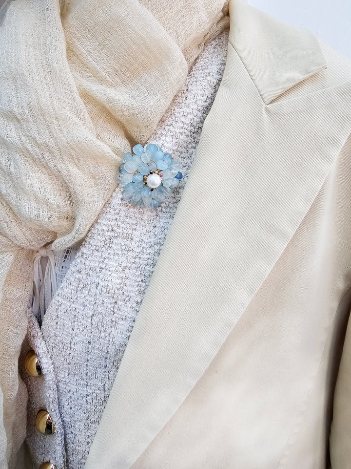 Handcrafted Flower Shape Natural Aquamarine Brooch LP003
