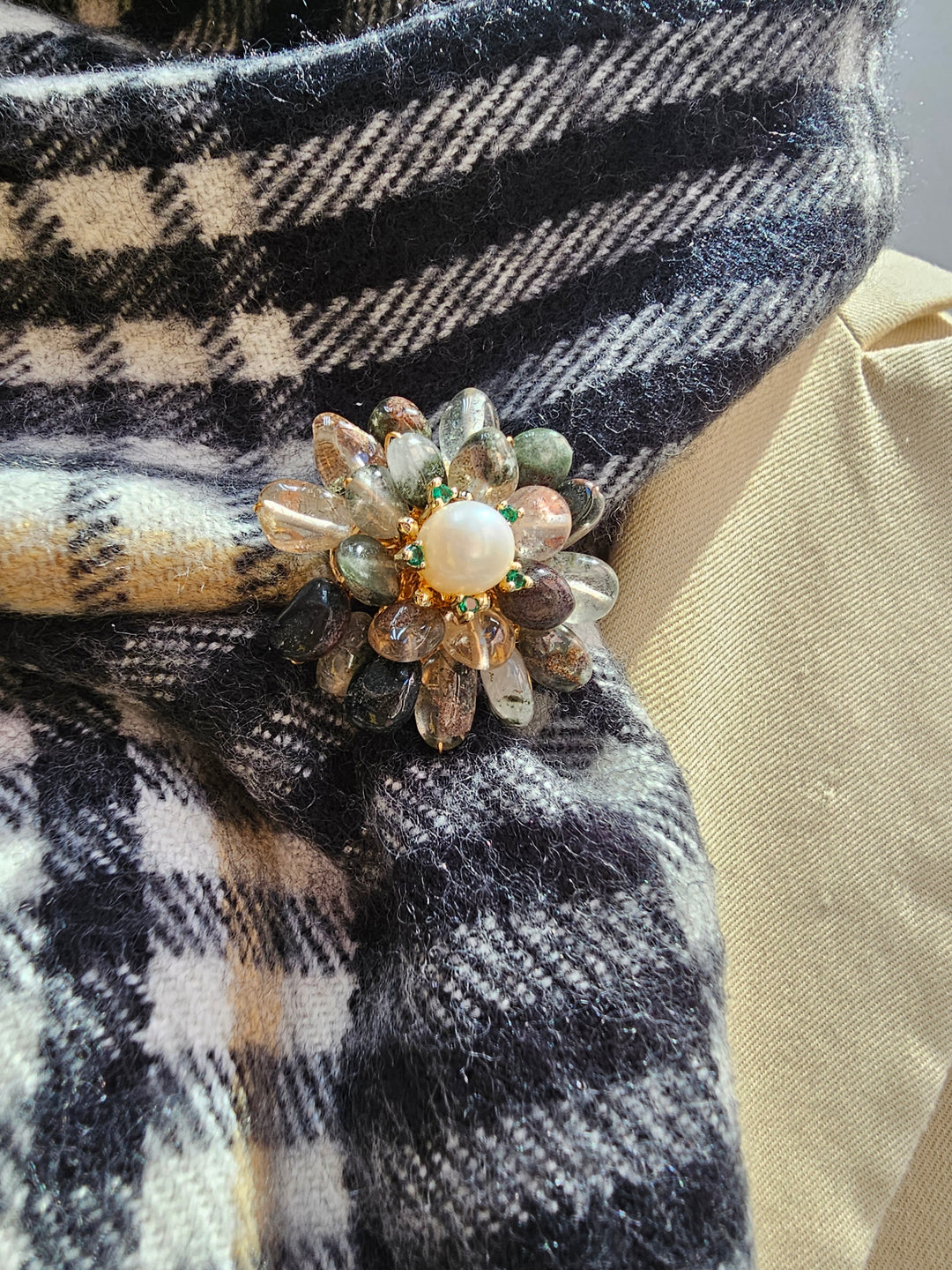Black Phantom Quartz Floral Brooch QP008