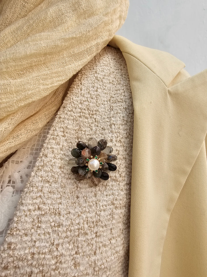 Black Phantom Quartz Floral Brooch QP008