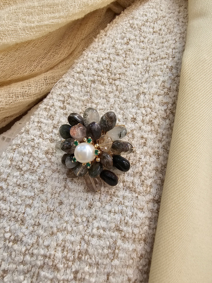Black Phantom Quartz Floral Brooch QP008