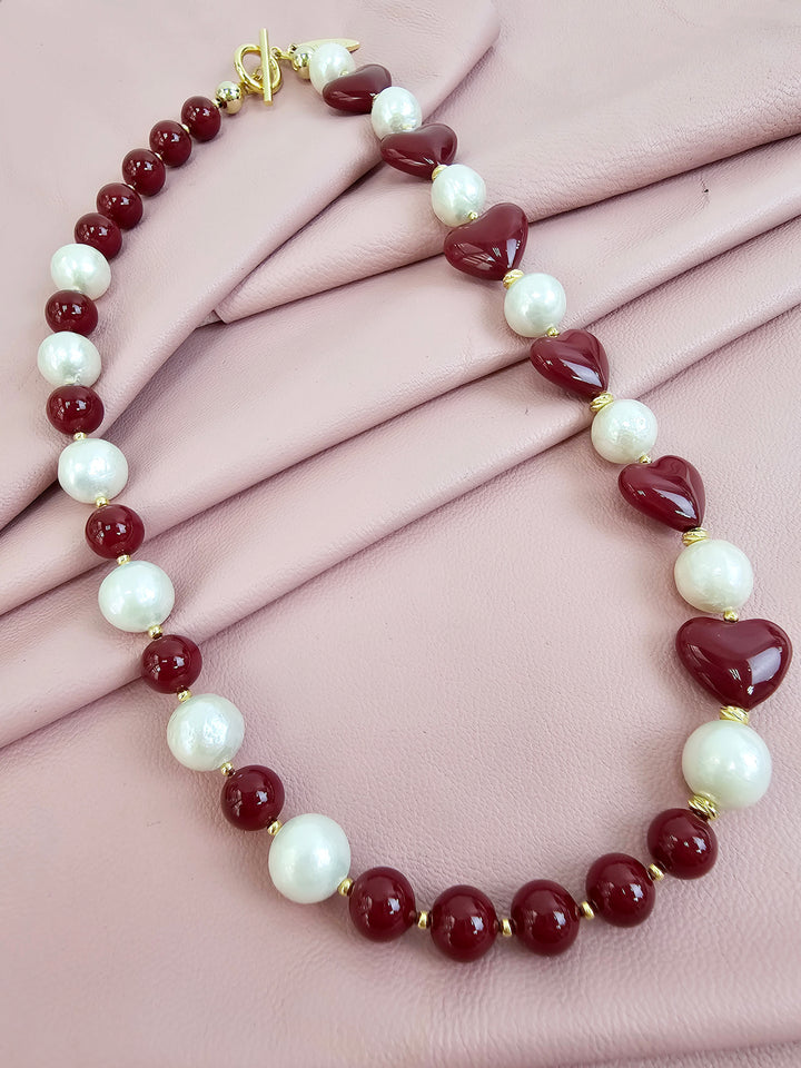 Freshwater Pearls With Red Heart Choker Necklace QN038