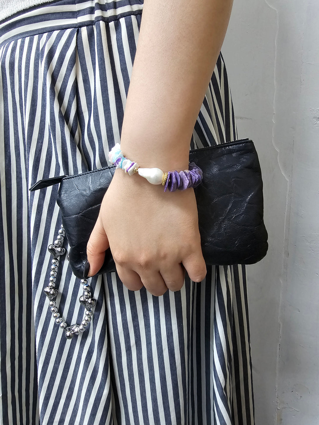 Purple Charoite And Colorful Shell With Baroque Pearl Bracelet QB011
