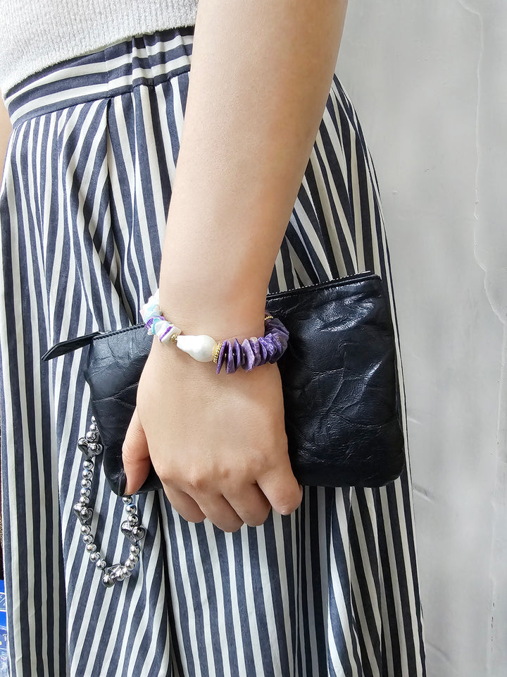 Purple Charoite And Colorful Shell With Baroque Pearl Bracelet QB011