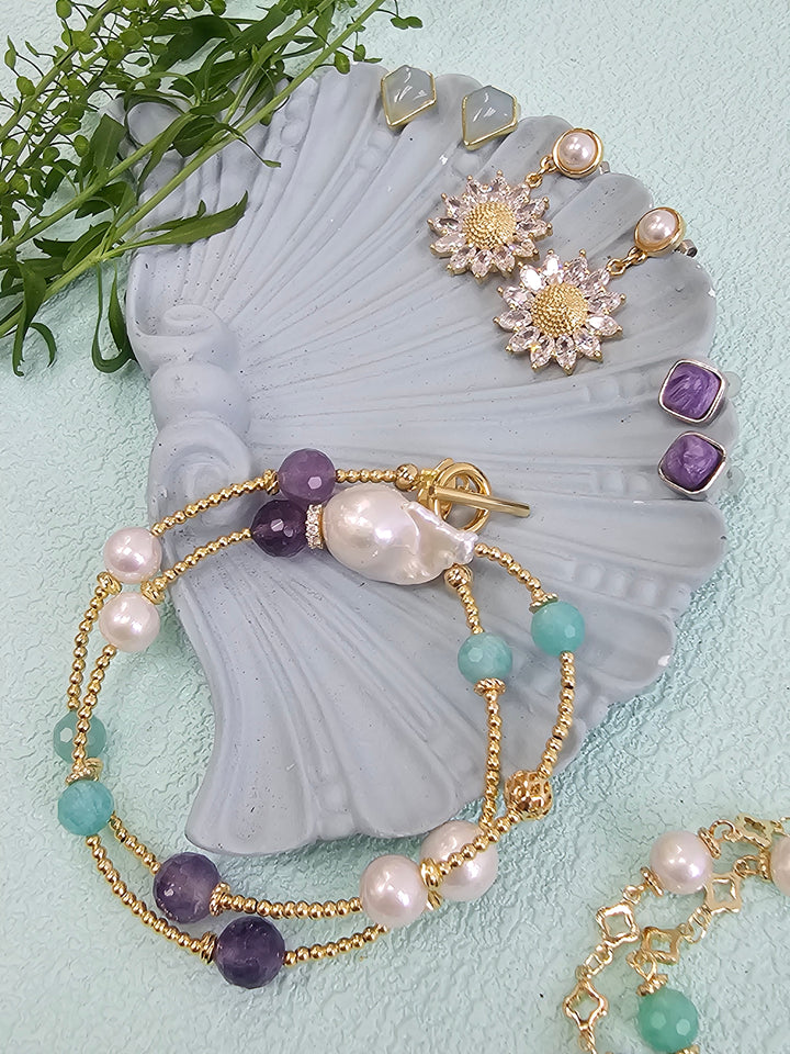 Zircon Daisy Dangle With Pearl Stud Earrings RE002