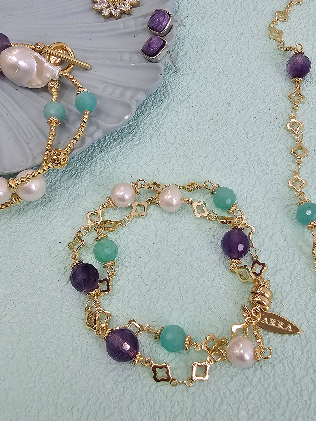 Multi-color Gemstone With Pearls Double Layers Chain Bracelet RB002