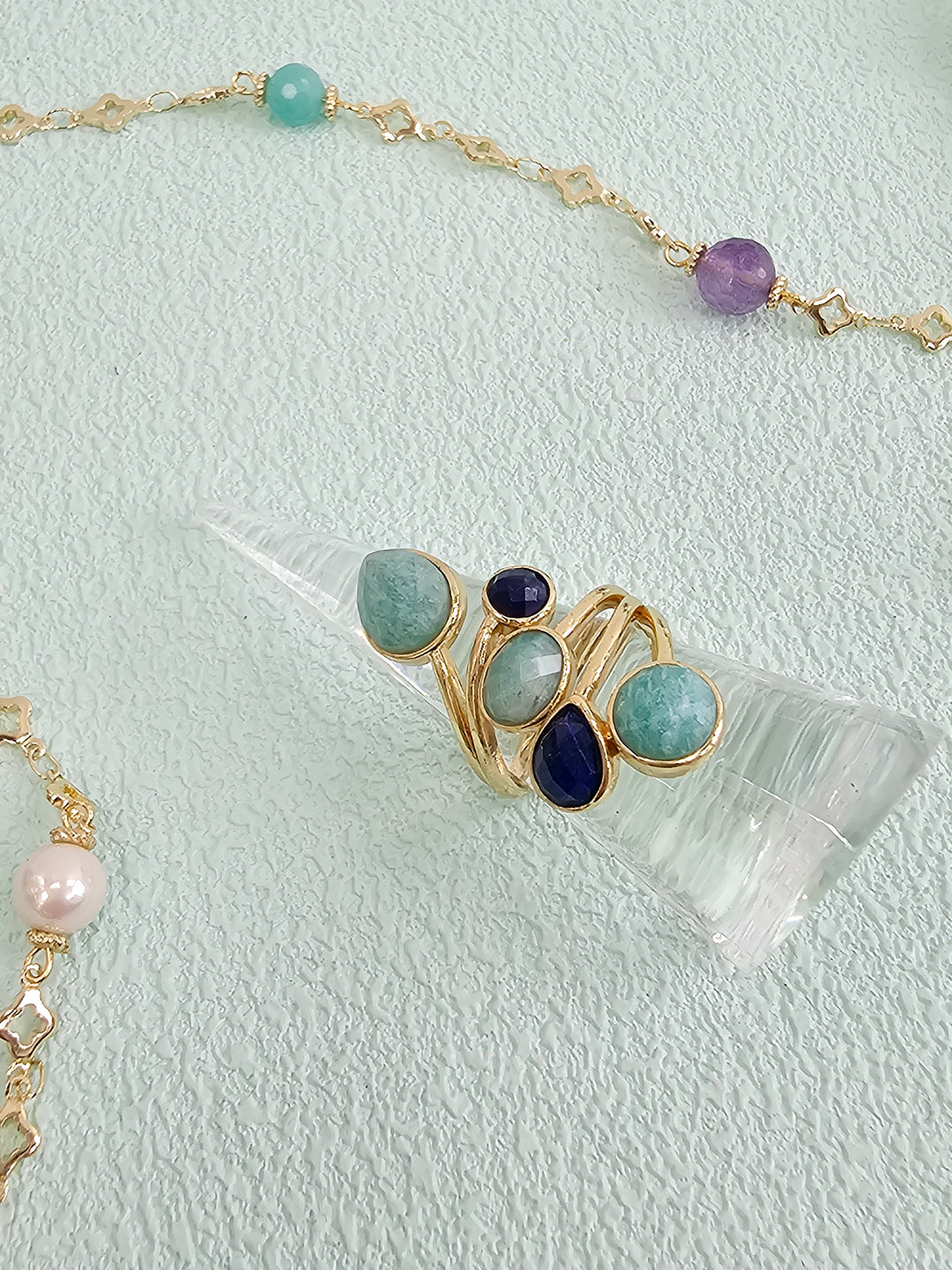 Amazonite And Lapis Cocktail Adjustable Ring RP001