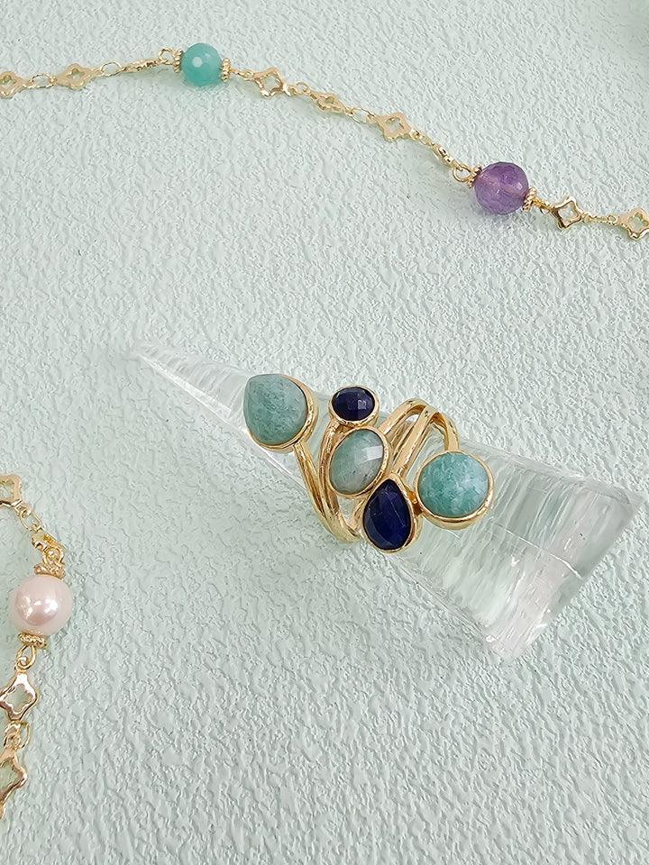 Amazonite And Lapis Cocktail Adjustable Ring RP001