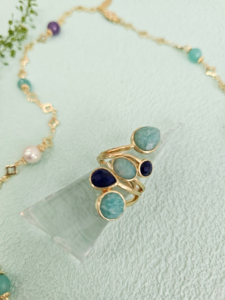 Amazonite And Lapis Cocktail Adjustable Ring RP001