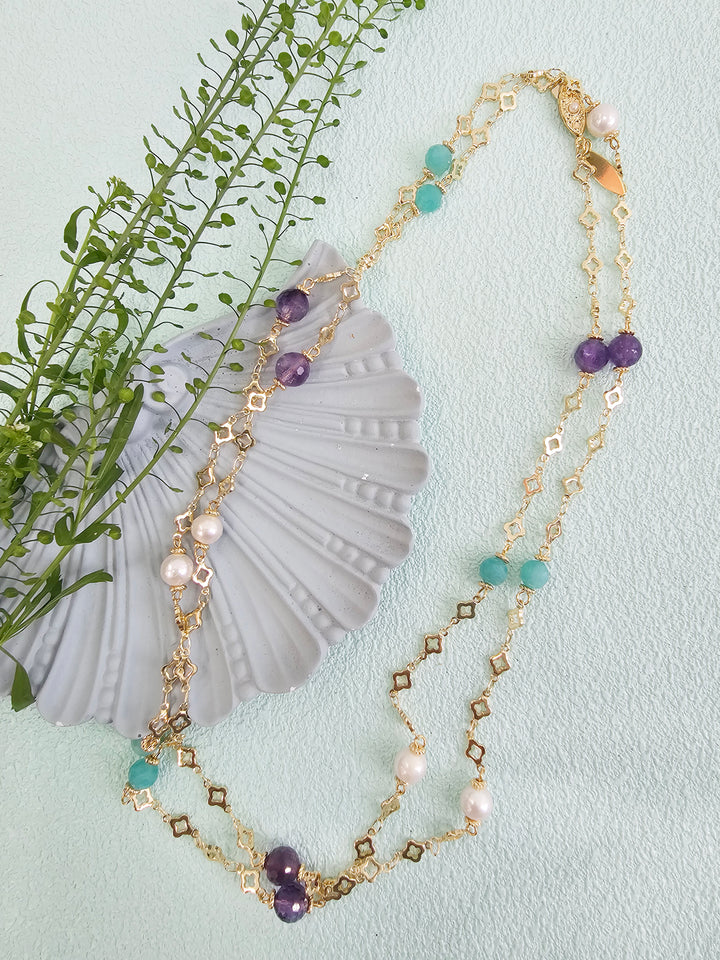 Amethys Amazonite & Pearl Long Station Necklace RN001