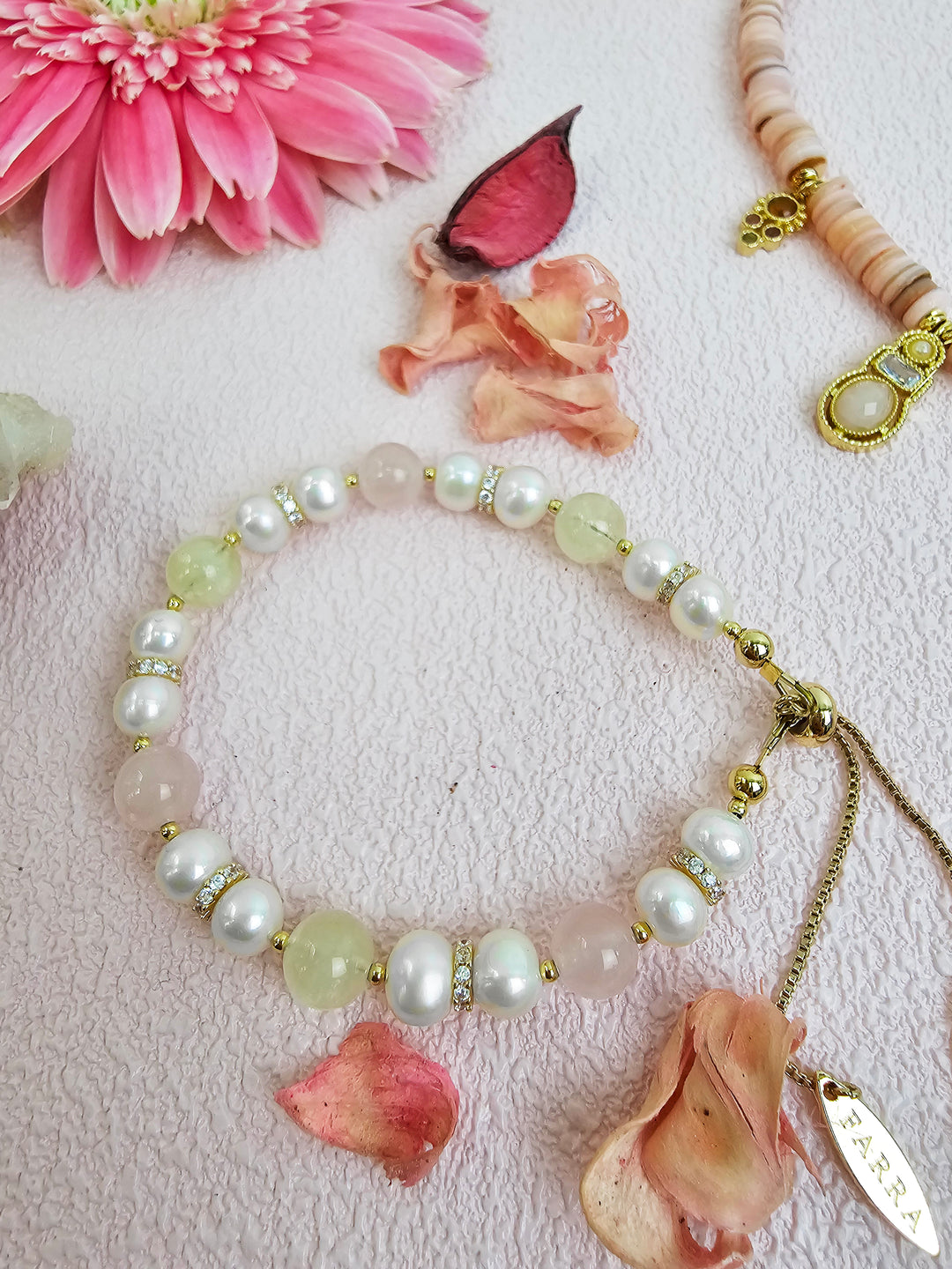 Macaron Pink Rose Quartz Yellow Citrine & Pearls Bracelet RB009