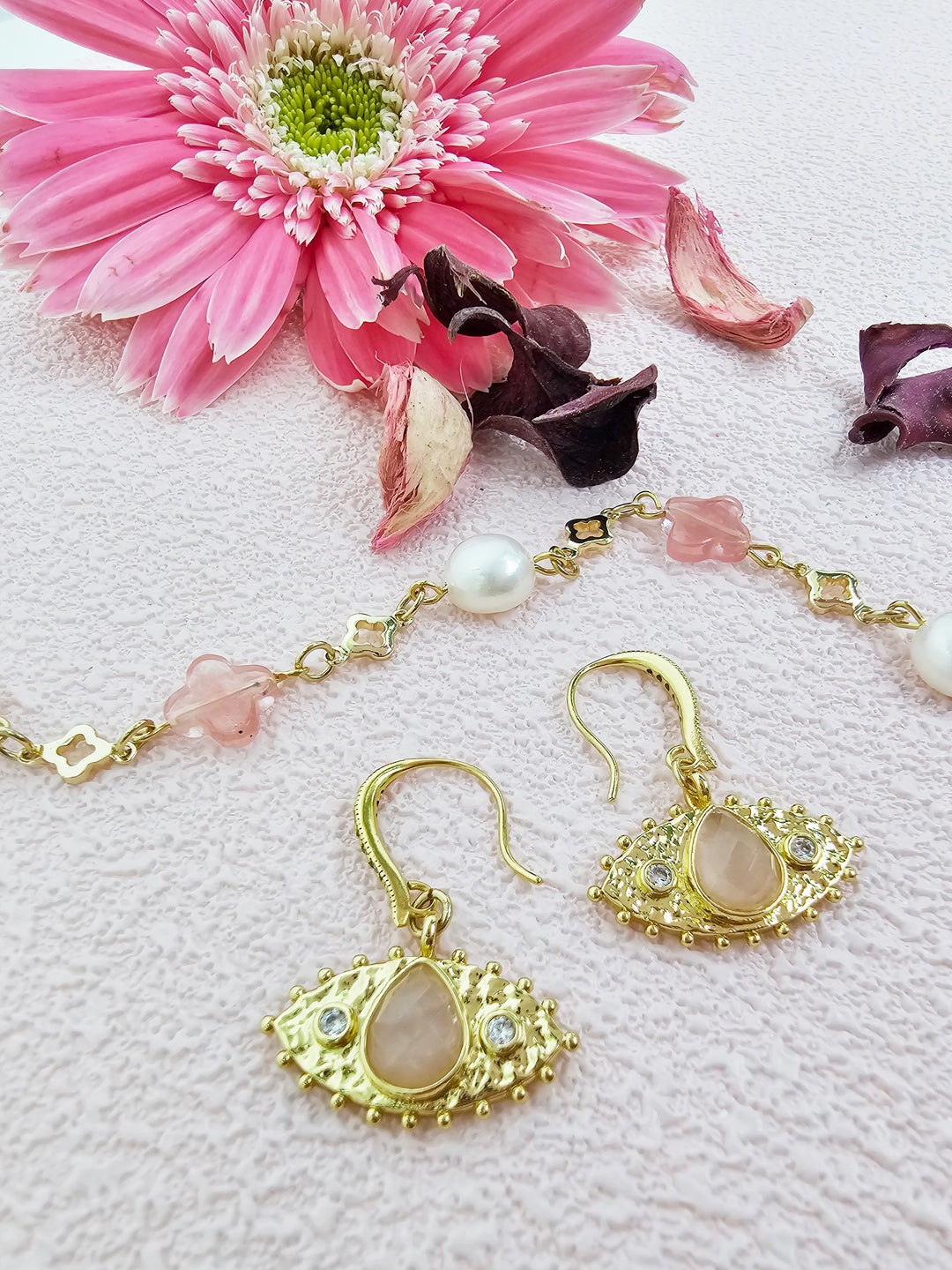 Evil Eye Adorned Rose Quartz Stone Earrings RE015