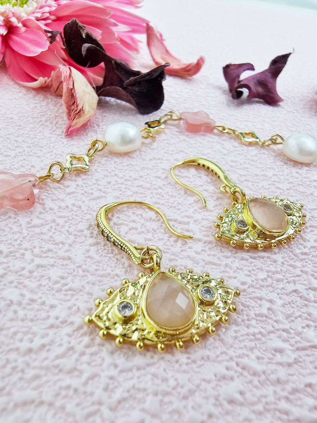 Evil Eye Adorned Rose Quartz Stone Earrings RE015