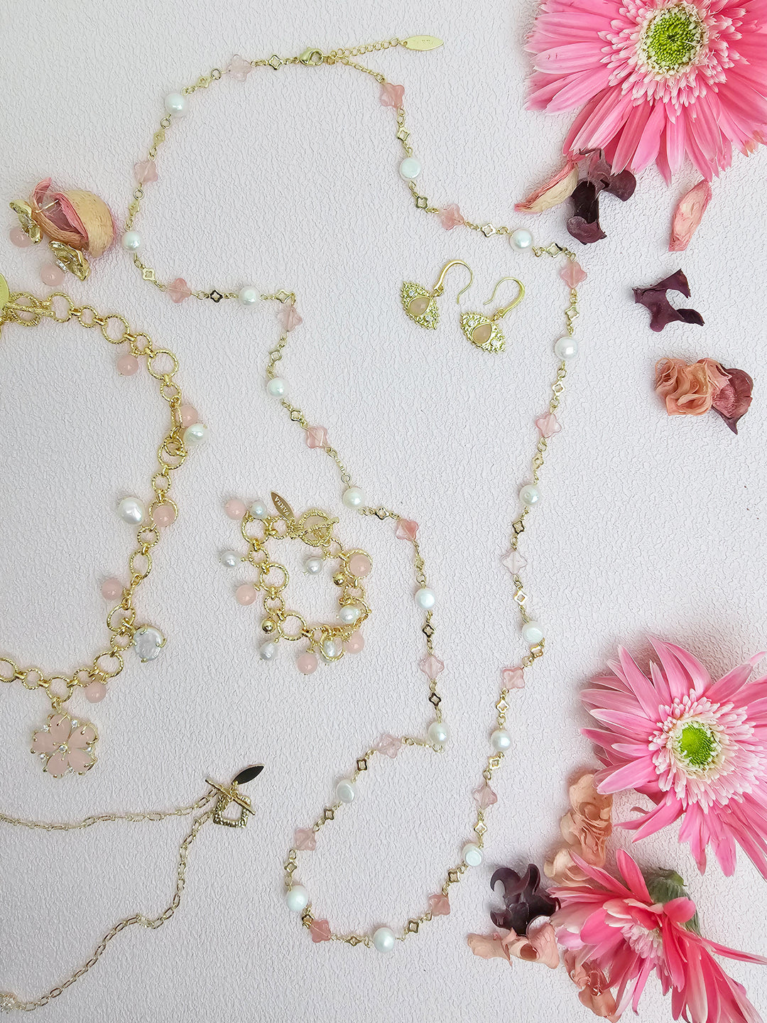 Pink Watermelon Quartz And Freshwater Pearl Station Necklace RN019