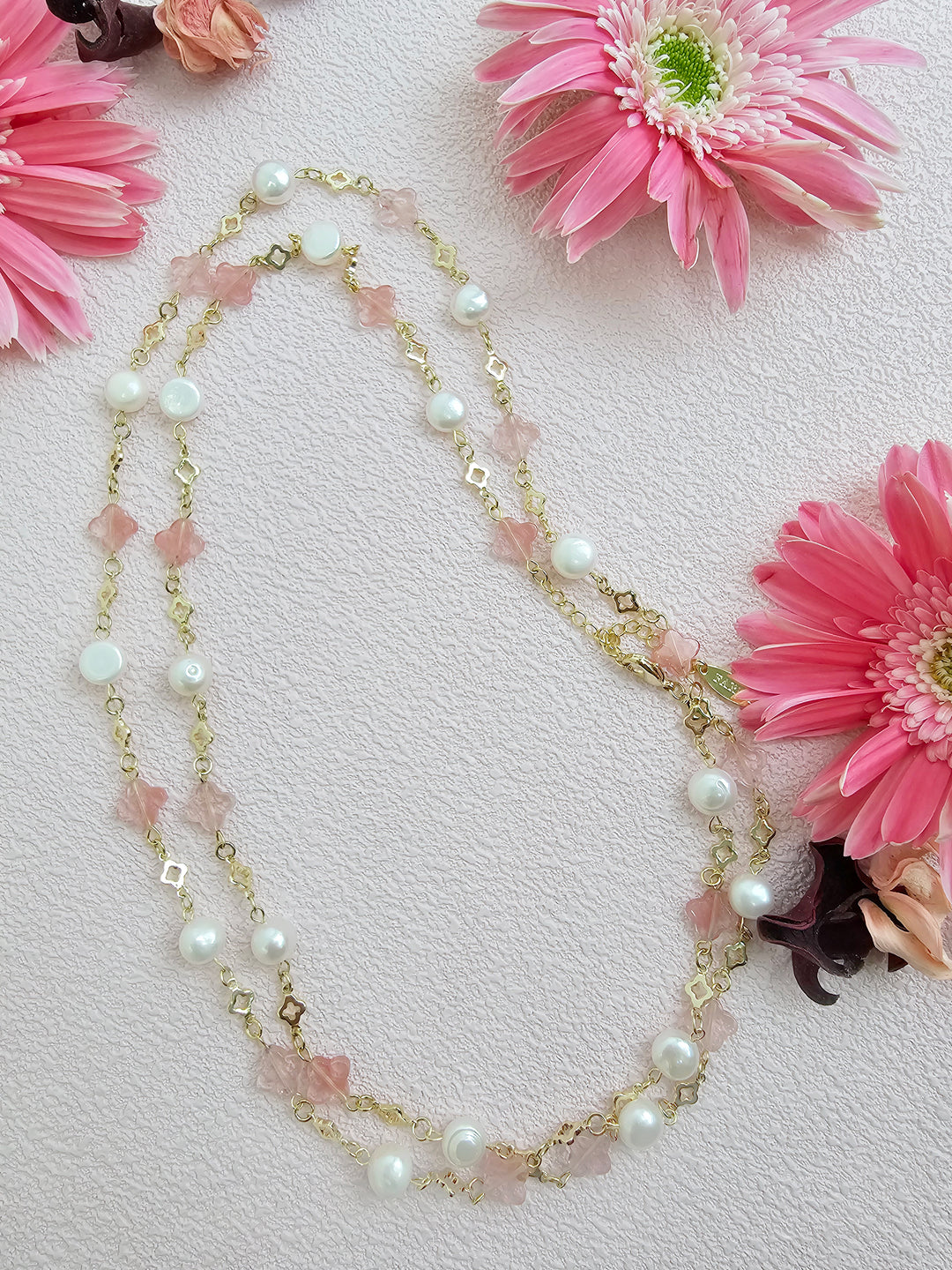 Pink Watermelon Quartz And Freshwater Pearl Station Necklace RN019