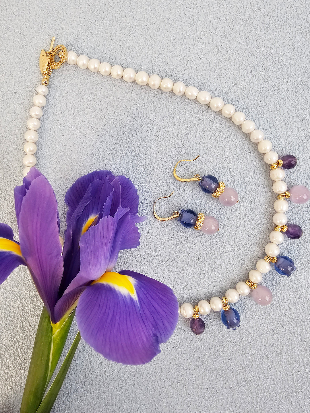 Freshwater Pearl With Blue Berry And Purple Amethyst Drop Necklace RN023