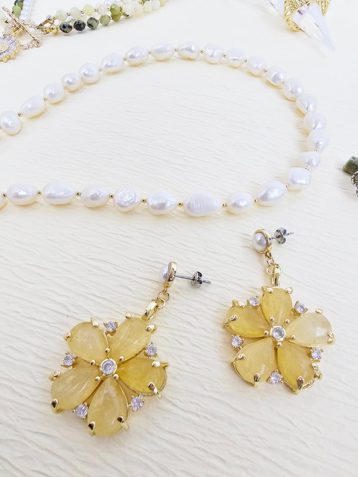 Citrine Flower Dangle Statement Earrings RE009