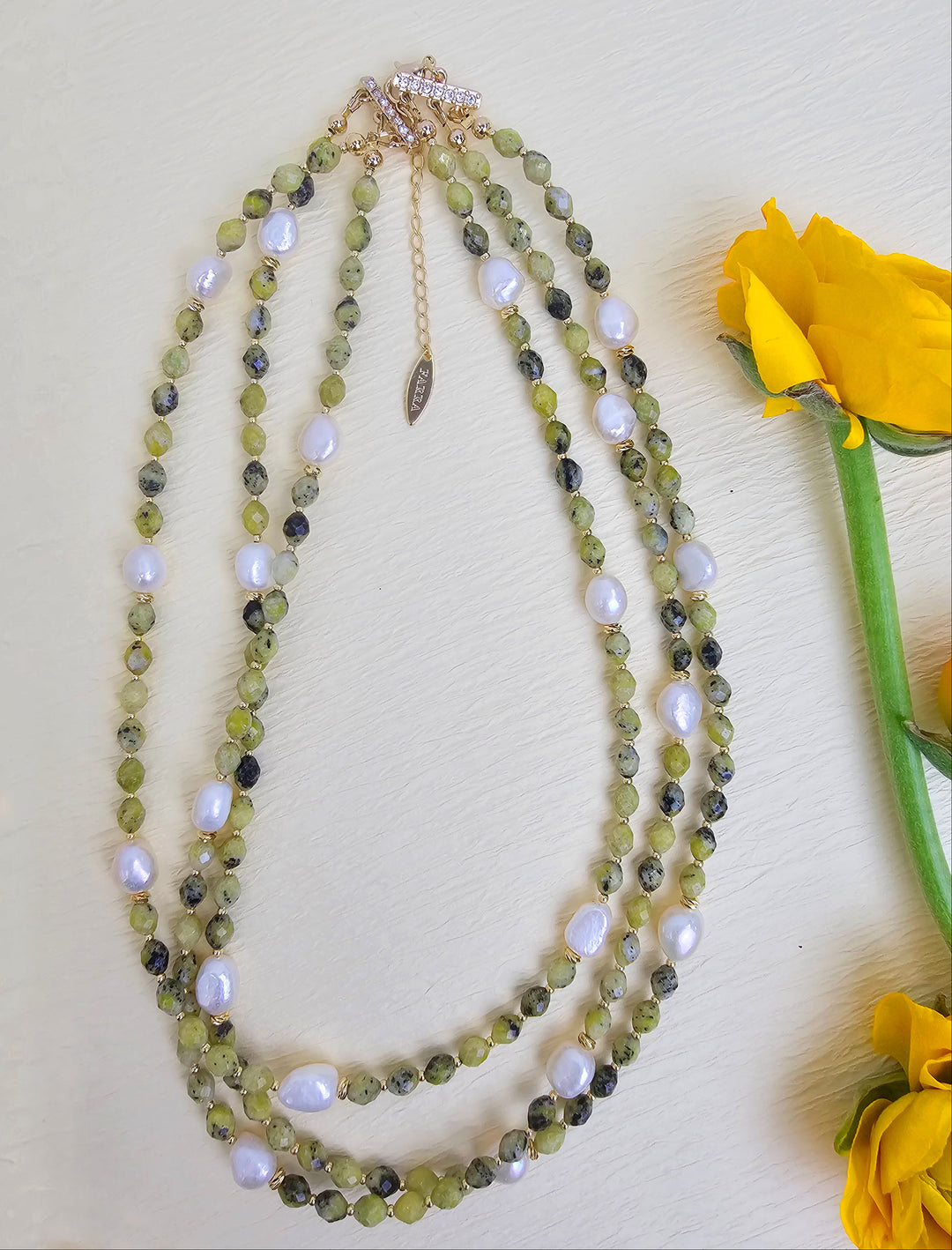 Green Gemstone With Pearls Multi-layers Necklace RN012