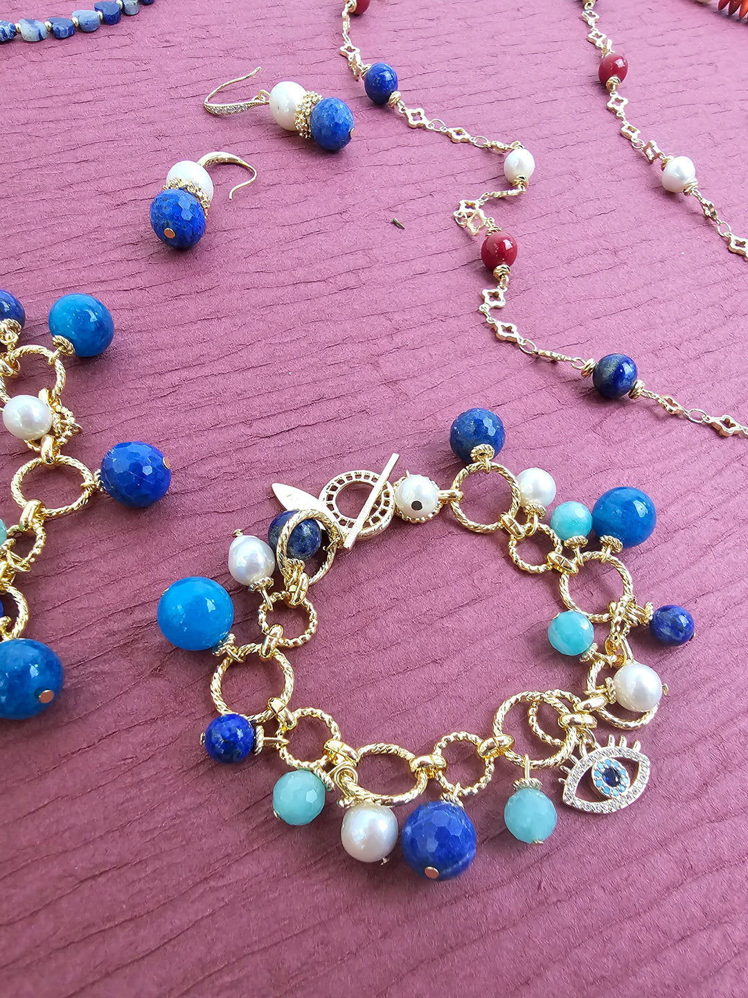 Lapis Lazuli Amazonite And Pearl Turkish Evil Eye Charm Bracelet RB018