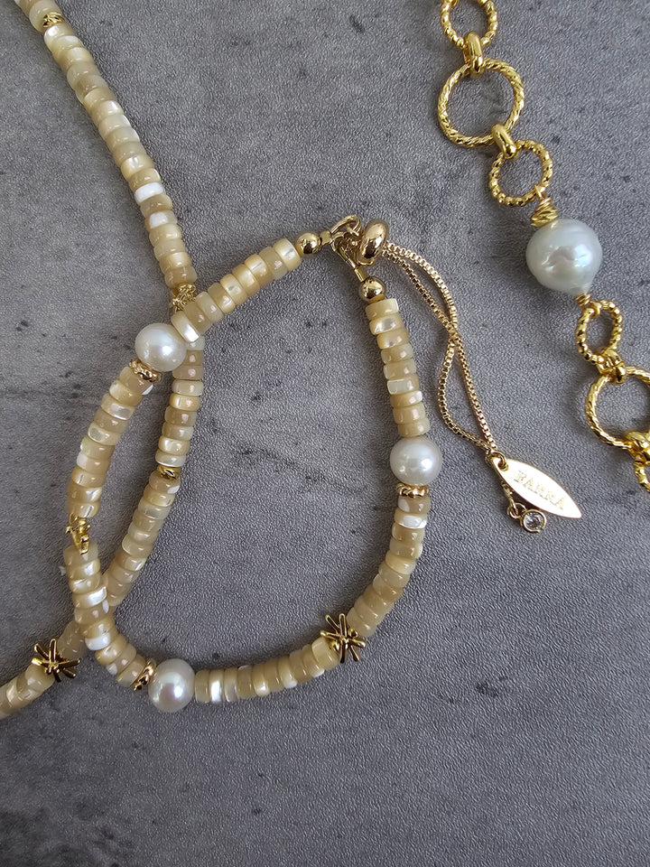 Beige Shell With Freshwater Pearl Slider Bracelet RB021