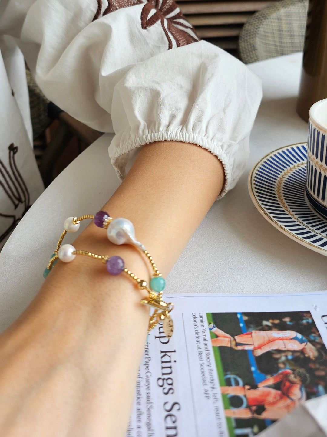 Baroque Pearls With Amazonite & Amethyst Double Layers Bracelet / Choker RB001