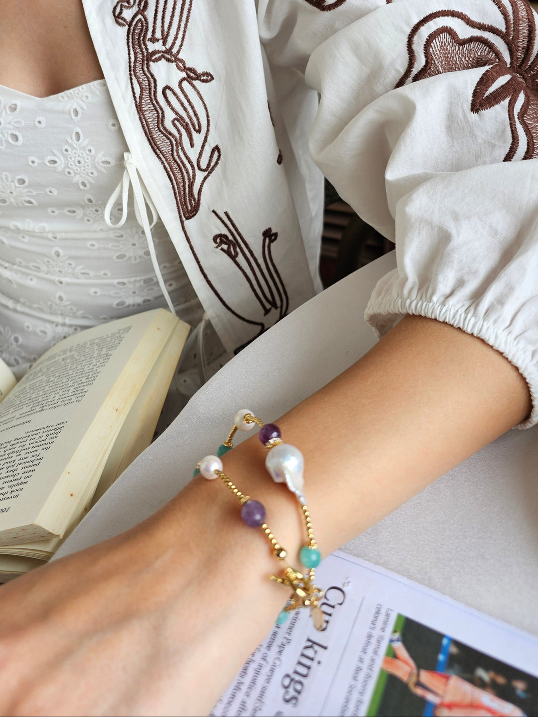 Baroque Pearls With Amazonite & Amethyst Double Layers Bracelet / Choker RB001