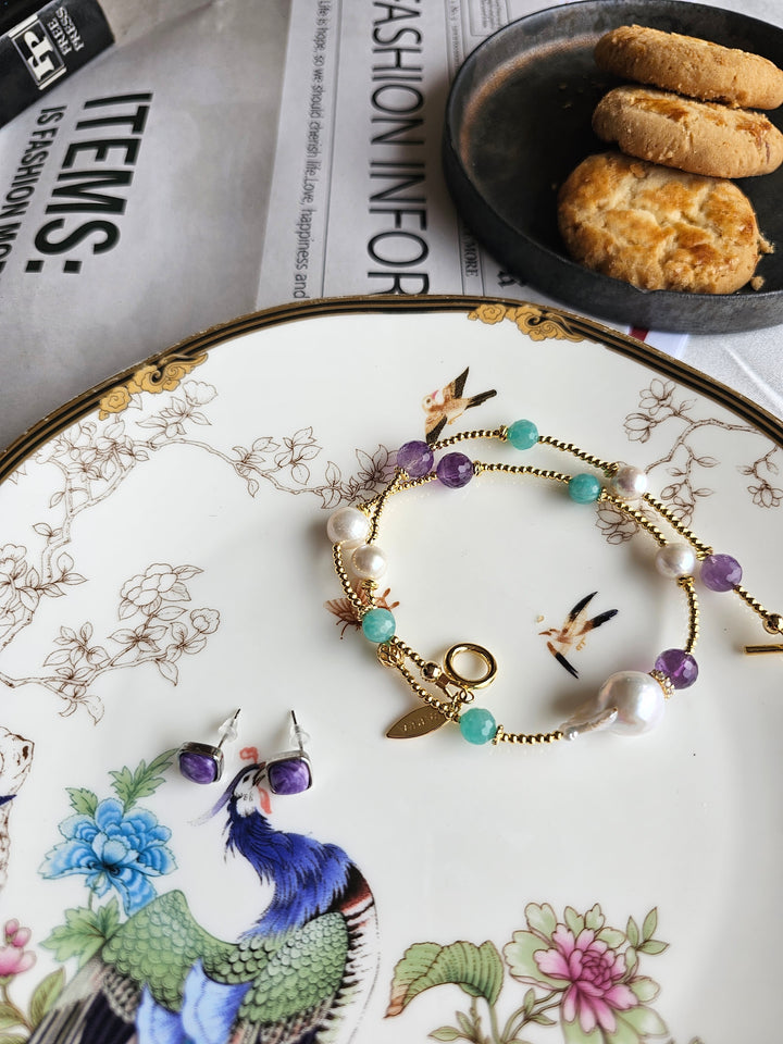 Baroque Pearls With Amazonite & Amethyst Double Layers Bracelet / Choker RB001