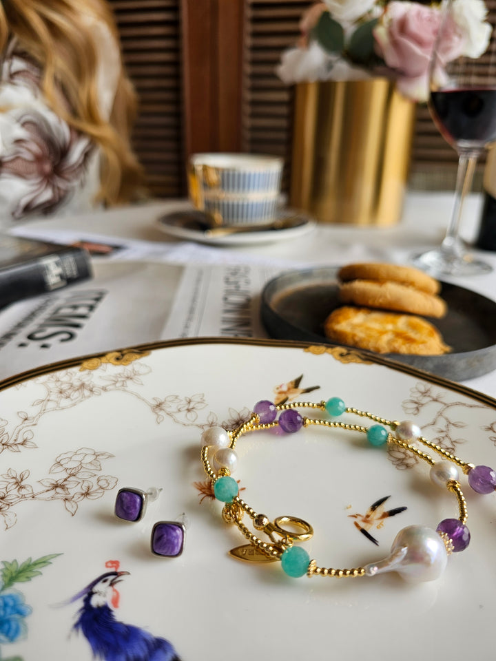 Baroque Pearls With Amazonite & Amethyst Double Layers Bracelet / Choker RB001