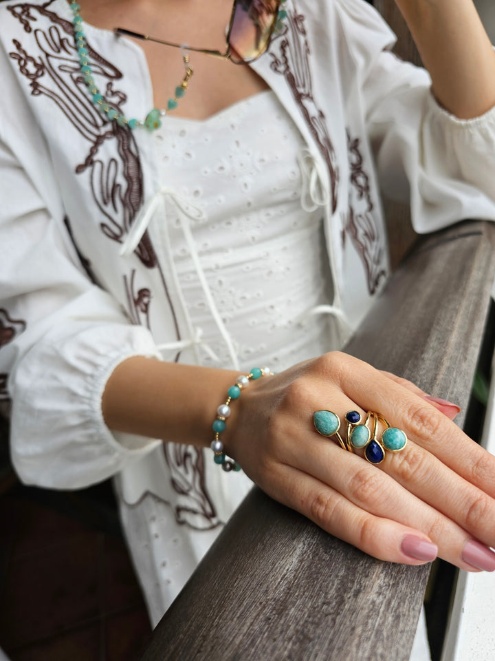 Amazonite And Lapis Cocktail Adjustable Ring RP001