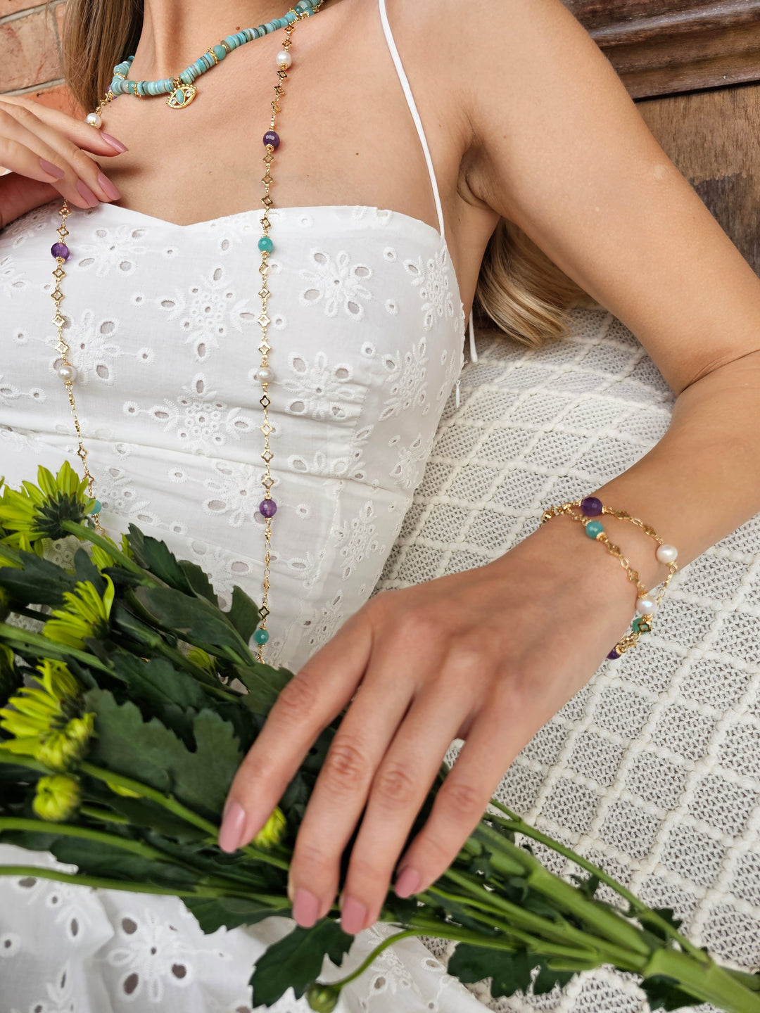 Amethys Amazonite & Pearl Long Station Necklace RN001