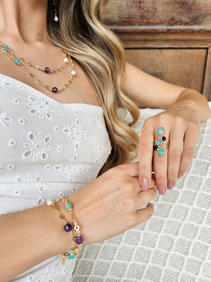 Multi-color Gemstone With Pearls Double Layers Chain Bracelet RB002