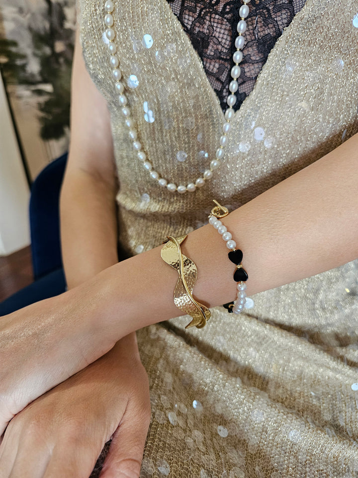 Bowknot Black Obsidian And White Freshwater Pearl Bracelet RB020