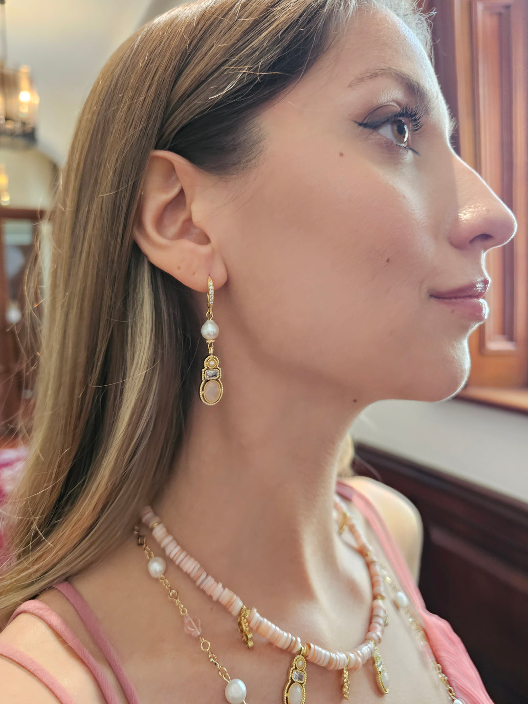 Bohemian Rose Quartz & Freshwater Pearl Drop Earrings RE013