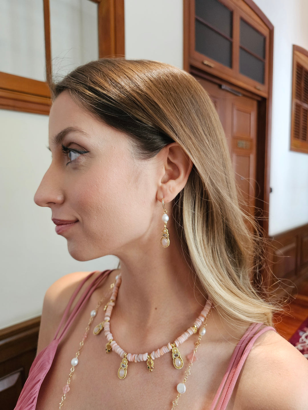 Bohemian Rose Quartz & Freshwater Pearl Drop Earrings RE013