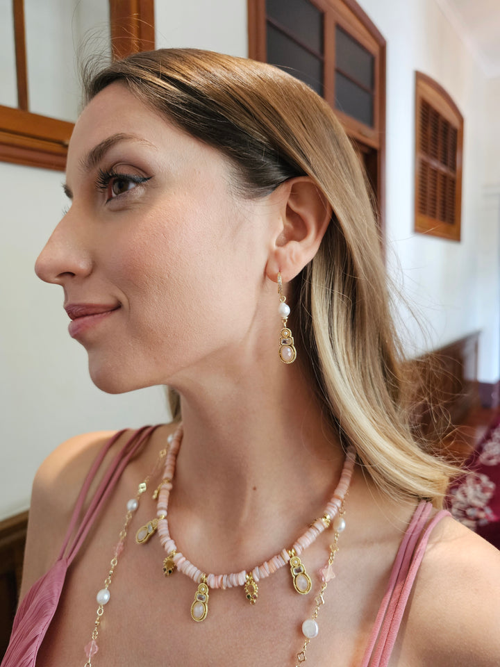 Bohemian Rose Quartz & Freshwater Pearl Drop Earrings RE013