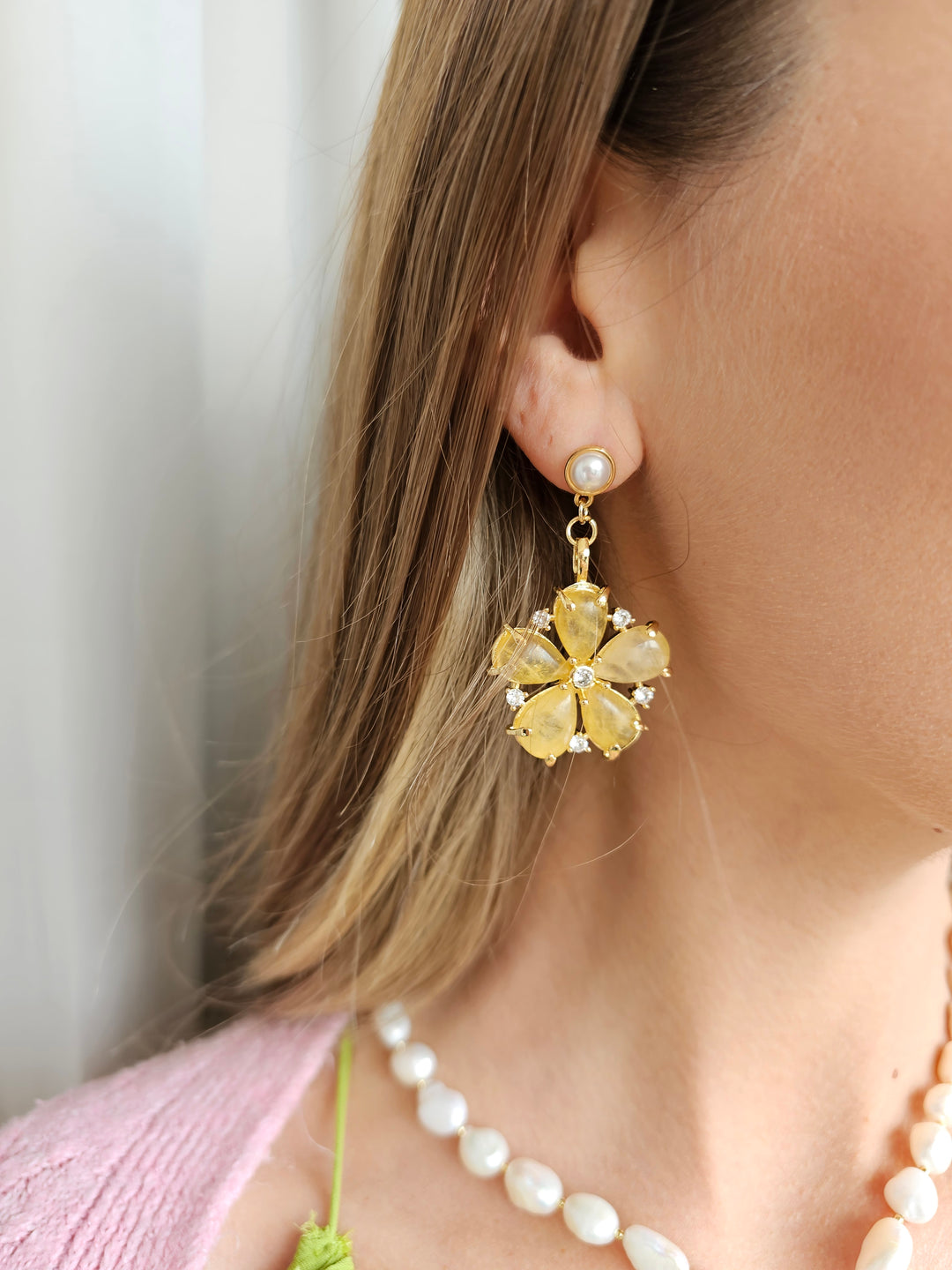 Citrine Flower Dangle Statement Earrings RE009
