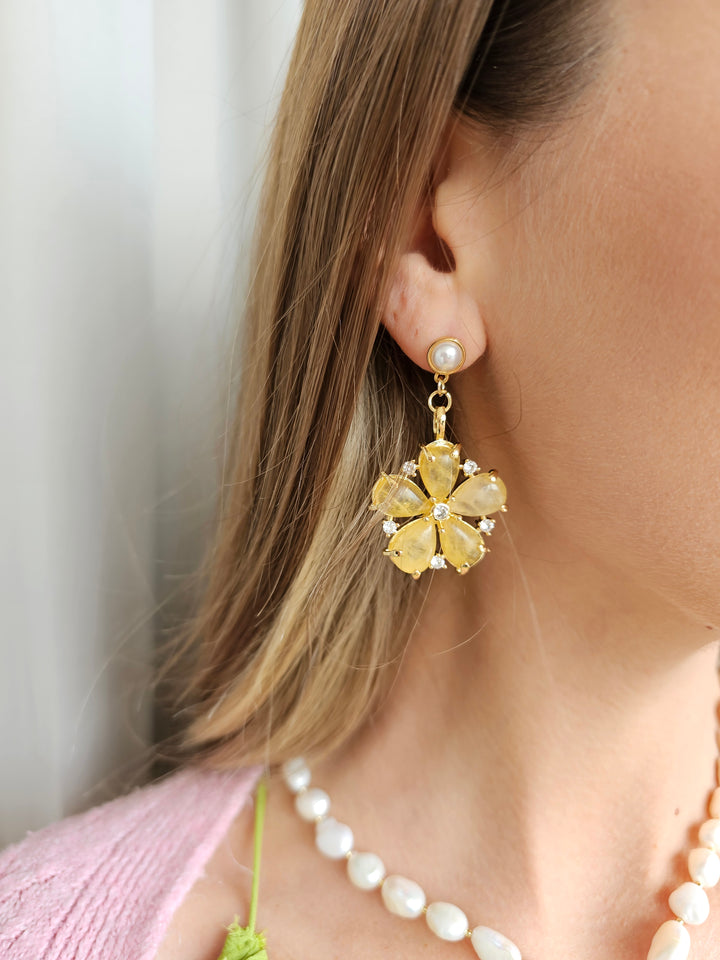 Citrine Flower Dangle Statement Earrings RE009