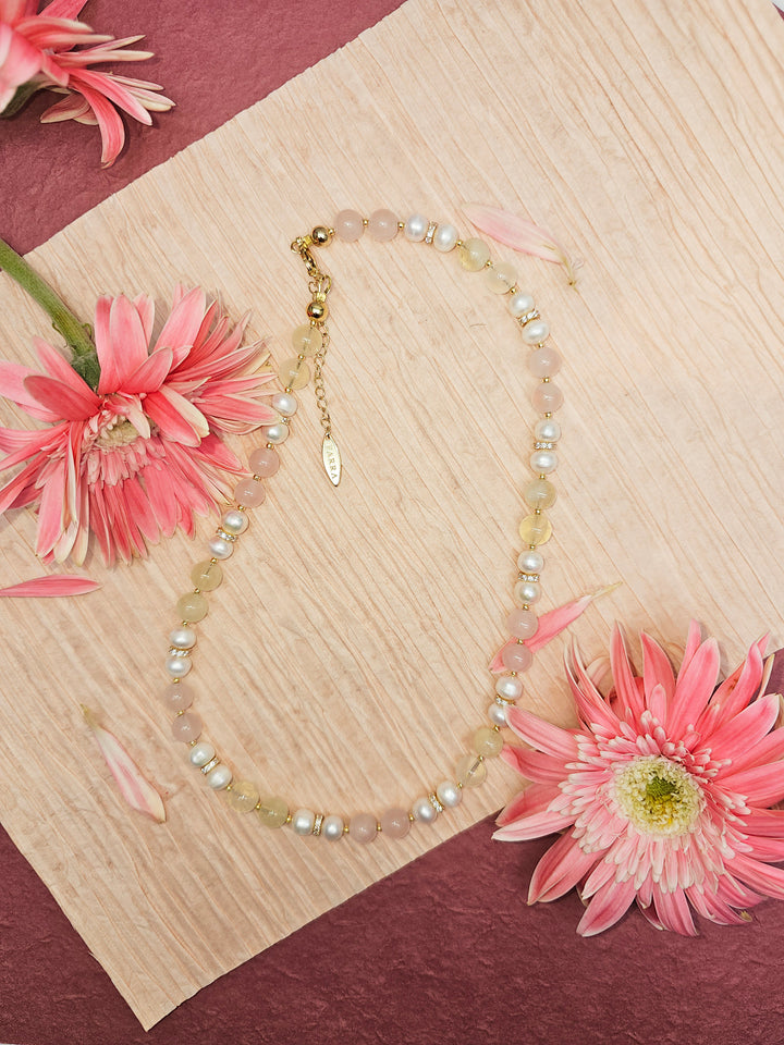 Pink Rose Quartz And Yellow Citrine With Pearls Necklace RN013