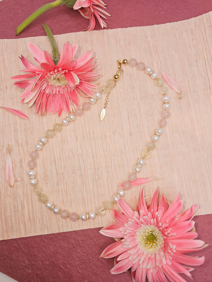 Pink Rose Quartz And Yellow Citrine With Pearls Necklace RN013