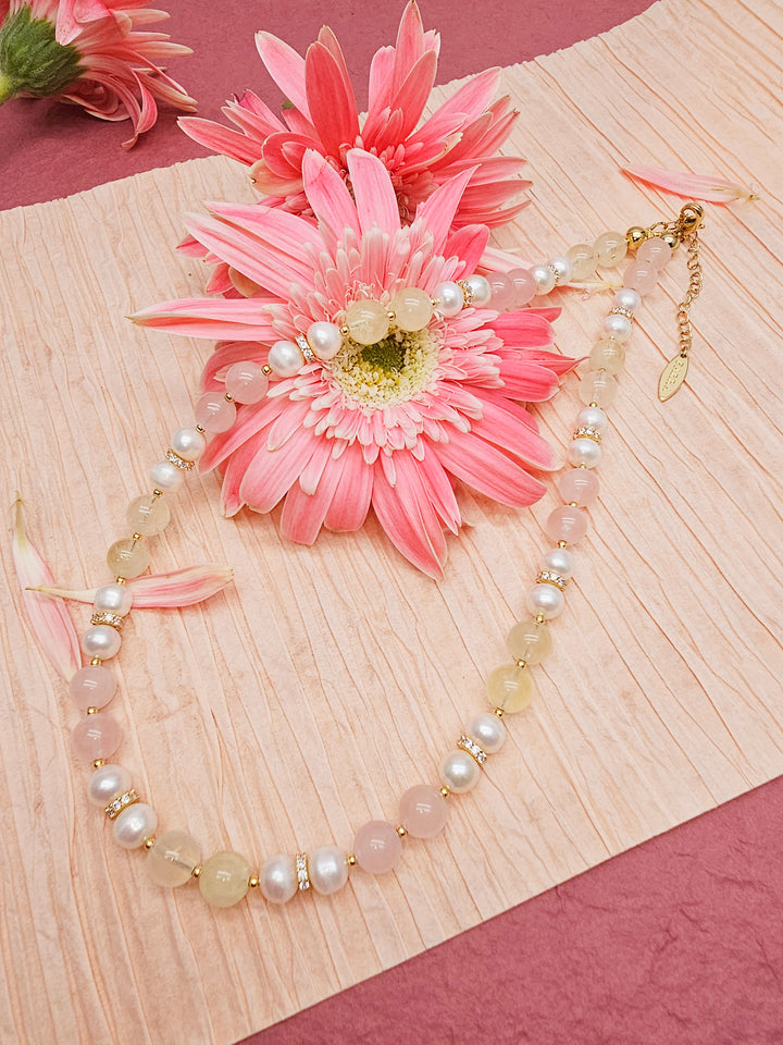 Pink Rose Quartz And Yellow Citrine With Pearls Necklace RN013