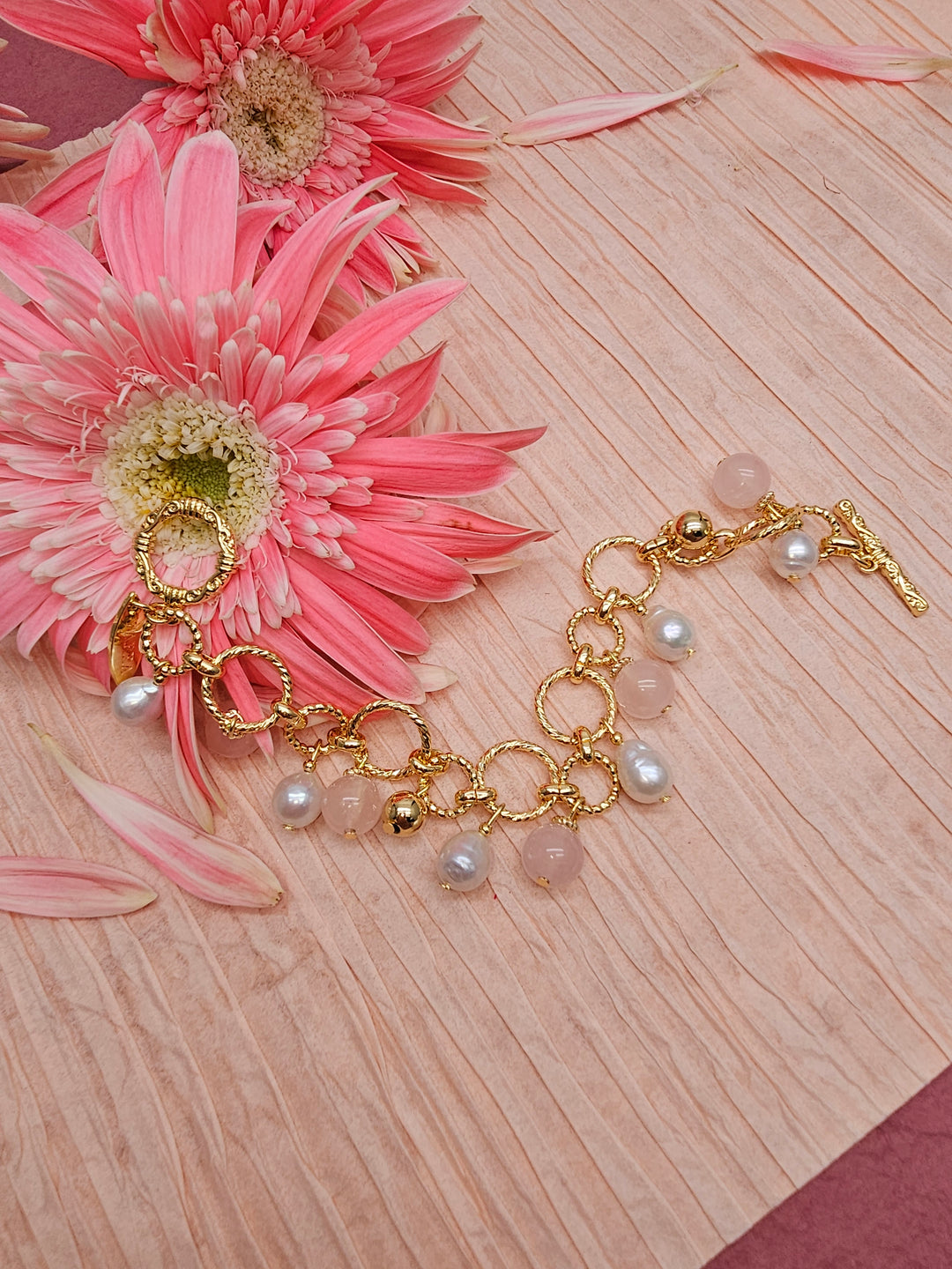 Pink Rose Quartz & Pearl Chain Bracelet RB011